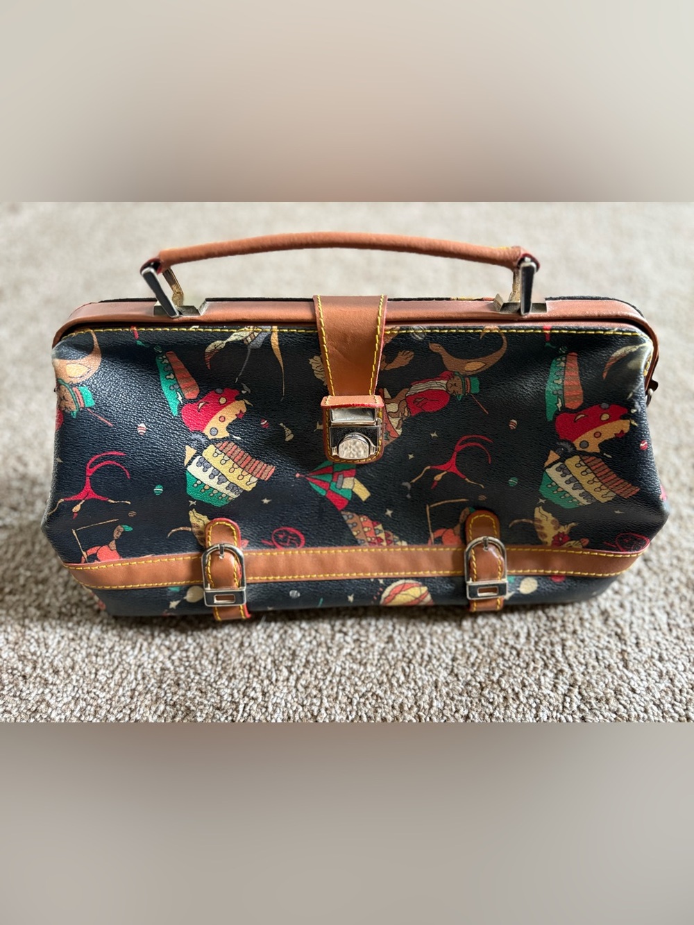 Vintage Black Novelty Print Doctor Bag with Brown Trim